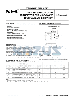 NE698M01-T1 datasheet - NPN EPITAXIAL SILICON TRANSISTOR FOR MICROWAVE HIFH-GAIN AMPLIFICATION