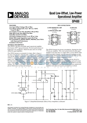 OP400 datasheet - Quad Low-Offset, Low-Power Operational Amplifier