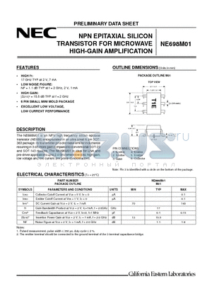 NE698M01 datasheet - NPN EPITAXIAL SILICON TRANSISTOR FOR MICROWAVE HIFH-GAIN AMPLIFICATION