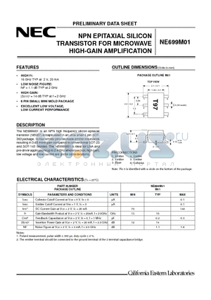 NE699M01 datasheet - NPN EPITAXIAL SILICON TRANSISTOR FOR MICROWAVE HIGH-GAIN AMPLIFICATION