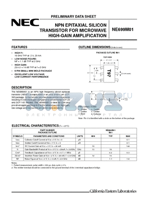 NE699M01-T1 datasheet - NPN EPITAXIAL SILICON TRANSISTOR FOR MICROWAVE HIGH-GAIN AMPLIFICATION