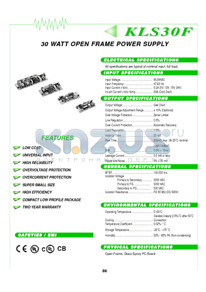 KLS30F-05S datasheet - 30 WATT OPEN FRAME POWER SUPPLY