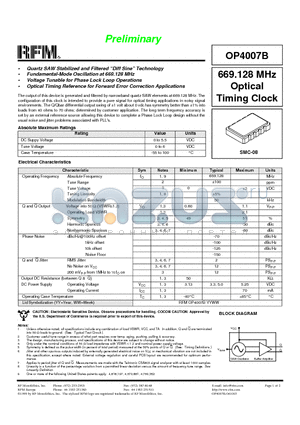 OP4007B datasheet - 669.128 MHz Optical Timing Clock