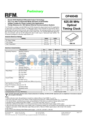 OP4004B datasheet - 625.00 MHz Optical Timing Clock