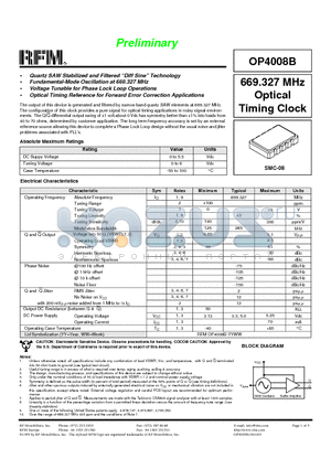 OP4008B datasheet - Quartz SAW Stabilized and Filtered Diff Sine Technology