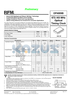 OP4009B datasheet - 672.163 MHz Optical Timing Clock