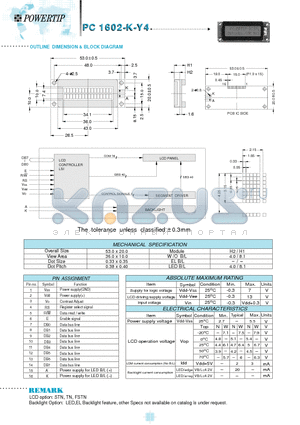 PC1602-K-Y4 datasheet - OUTLINE DIMENSION & BLOCK DIAGRAM