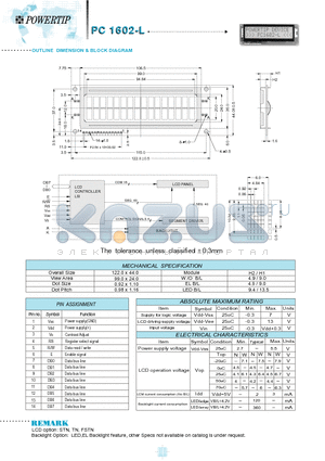 PC1602-L datasheet - OUTLINE DIMENSION & BLOCK DIAGRAM