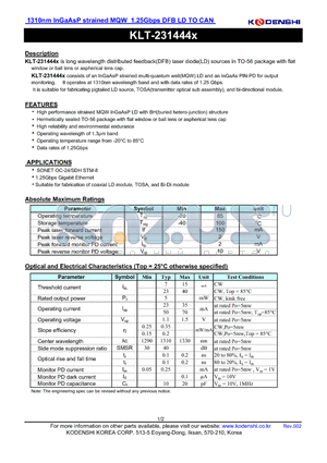KLT-231444 datasheet - 1310nm InGaAsP strained MQW 1.25Gbps DFB LD TO CAN