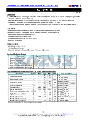 KLT-249414 datasheet - 1490nm InGaAsP strained MQW DFB LD for 1.25G TO CAN