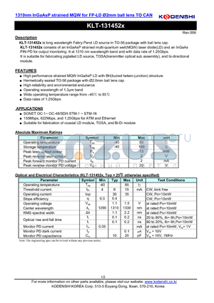 KLT-131452 datasheet - 1310nm InGaAsP strained MQW for FP-LD 2mm ball lens TO CAN