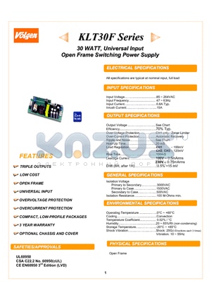KLT30F datasheet - 30 WATT, Universal Input Open Frame Switching Power Supply