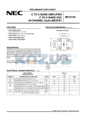 NE72118 datasheet - C TO X BAND AMPLIFIER C TO X BAND OSC N-CHANNEL GaAs MESFET