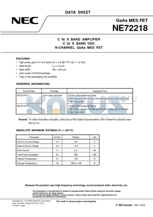 NE72218-T1 datasheet - C to X BAND AMPLIFIER C to X BAND OSC N-CHANNEL GaAs MES FET