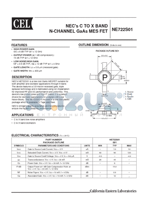 NE722S01-T1 datasheet - NECs C TO X BAND N-CHANNEL GaAs MES FET