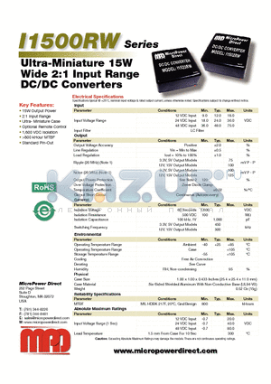 I1501RW datasheet - Ultra-Miniature 15W Wide 2:1 Input Range DC/DC Converters