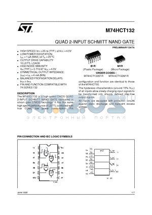M74HCT132B1R datasheet - QUAD 2-INPUT SCHMITT NAND GATE