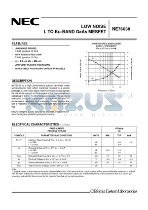 NE76038-T1 datasheet - LOW NOISE L TO Ku-BAND GaAs MESFET