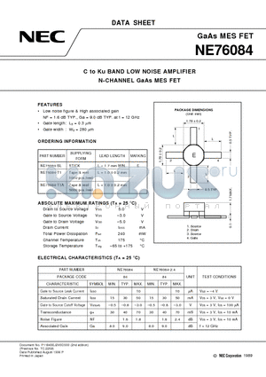 NE76084 datasheet - C to Ku BAND LOW NOISE AMPLIFIER N-CHANNEL GaAs MES FET