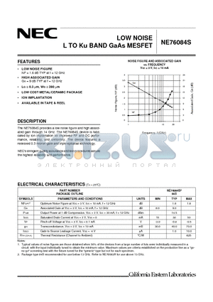 NE76084S datasheet - LOW NOISE L TO Ku BAND GaAs MESFET