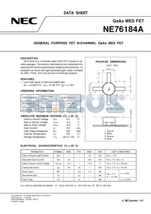 NE76100 datasheet - GENERAL PURPOSE FET N-CHANNEL GaAs MES FET