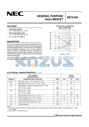 NE76100M datasheet - GENERAL PURPOSE GaAs MESFET