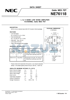 NE76118 datasheet - L to S BAND LOW NOISE AMPLIFIER N-CHANNEL GaAs MES FET