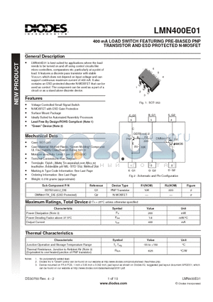 LMN400E01-7 datasheet - 400 mA LOAD SWITCH FEATURING PRE-BIASED PNP TRANSISTOR AND ESD PROTECTED N-MOSFET