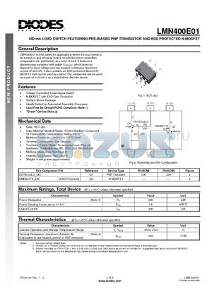 LMN400E01-7 datasheet - 400 mA LOAD SWITCH FEATURING PRE-BIASED PNP TRANSISTOR AND ESD PROTECTED N-MOSFET