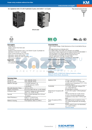 KM00120511 datasheet - IEC Appliance Inlet C14 with Fuseholder 2-pole, Line Switch 1- or 2-pole