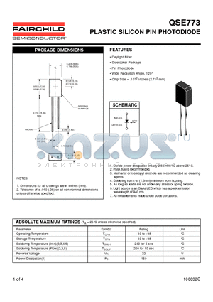 QSE773 datasheet - PLASTIC SILICON PIN PHOTODIODE