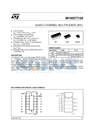 M74HCT158RM13TR datasheet - QUAD 2 CHANNEL MULTIPLEXER (INV.)