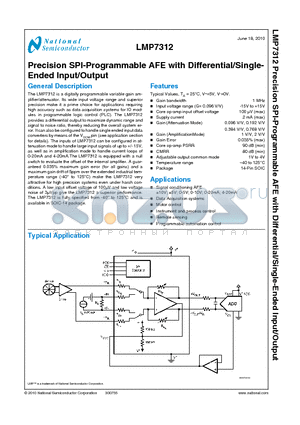 LMP7312MAX datasheet - Precision SPI-Programmable AFE with Differential/Single-Ended Input/Output
