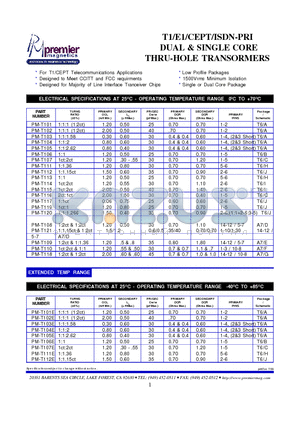 PM-T105E datasheet - T1/E1/CEPT/ISDN-PRI DUAL & SINGLE CORE THRU-HOLE TRANSORMERS