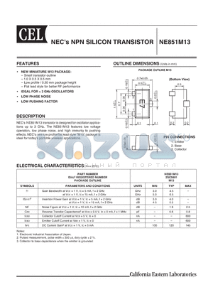 NE851M13 datasheet - NPN SILICON TRANSISTOR