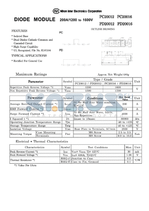 PC20012 datasheet - DIODE MODULE 200A/1200 to 1600V