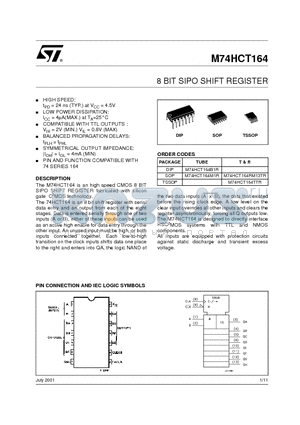 M74HCT164 datasheet - 8 BIT SIPO SHIFT REGISTER
