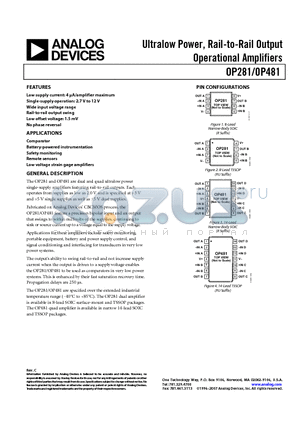 OP481 datasheet - Ultralow Power, Rail-to-Rail Output Operational Amplifiers