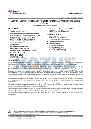 LMP8480 datasheet - Precision 76V High-Side Current Sense Amplifiers with Voltage Output