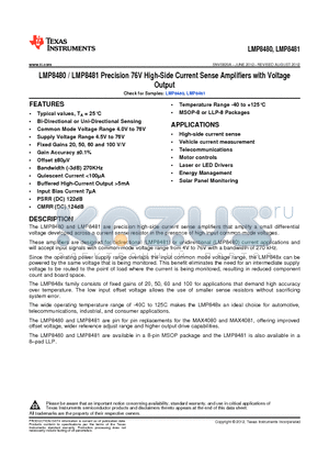 LMP8480MM-T/NOPB datasheet - Precision 76V High-Side Current Sense Amplifiers with Voltage Output