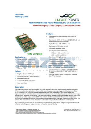 QSK033A0B41-H datasheet - 36 - 60 Vdc Input; 12Vdc Output; 33A Output Current