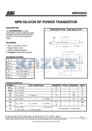 MRW2020 datasheet - NPN SILICON RF POWER TRANSISTOR