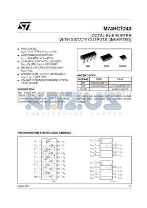 M74HCT240RM13TR datasheet - OCTAL BUS BUFFER WITH 3 STATE OUTPUTS (INVERTED)