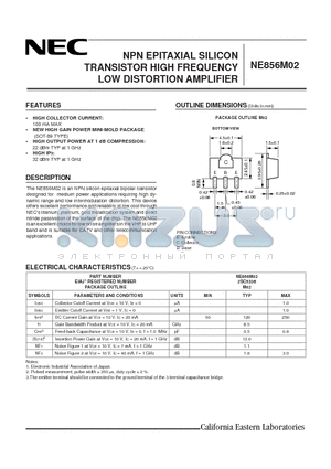 NE856M02 datasheet - NPN EPITAXIAL SILICON TRANSISTOR HIGH FREQUENCY LOW DISTORTION AMPLIFIER