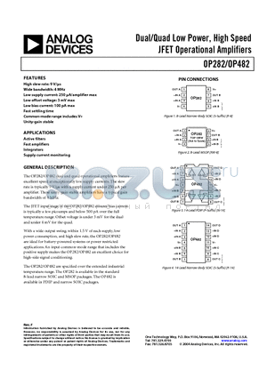 OP482GS-REEL datasheet - Dual/Quad Low Power, High Speed JFET Operational Amplifiers