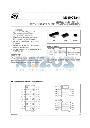 M74HCT244 datasheet - OCTAL BUS BUFFER WITH 3 STATE OUTPUTS (NON INVERTED)
