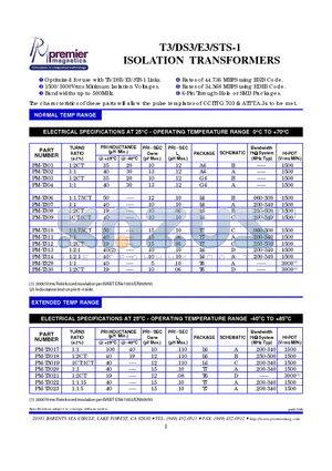 PM-T3017 datasheet - T3/DS3/E3/STS-1 ISOLATION TRANSFORMERS