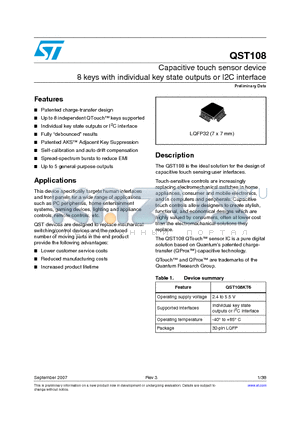 QST108 datasheet - Capacitive touch sensor device 8 keys with individual key state outputs or I2C interface