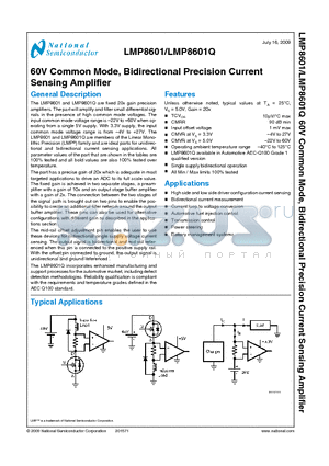 LMP8601 datasheet - 60V Common Mode, Bidirectional Precision Current Sensing Amplifier