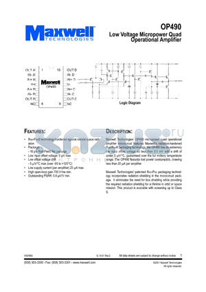OP490 datasheet - Low Voltage Micropower Quad Operational Amplifier